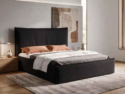 Produktbild von Polsterbett  160x200 cm mit Bettkasten LUNA SLIM, Stauraum und Metall-Lattenrost – Bouclé Stoff Schwarz
