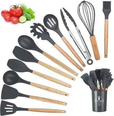 Imagen del producto de Ibenzoa®: Juego de cocina de 12 piezas – Acero inoxidable con mangos de madera, cabezales de silicona resistentes al calor hasta 230°C, apto para horno e inducción