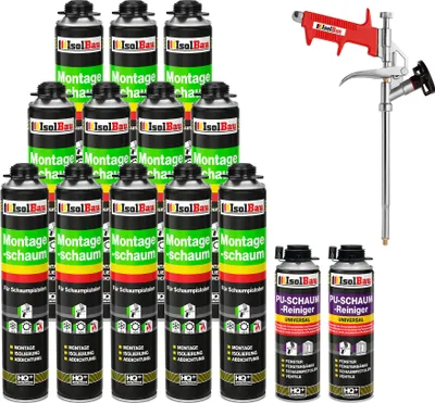 Produktbild von Isolbau Bauschaum-Set - Inkl. 12x 1K Montageschaum Pistolenschaum (je 750 ml), 1x Schaum-Pistole & 2xPU - Schaum - Reiniger (je 500 ml)