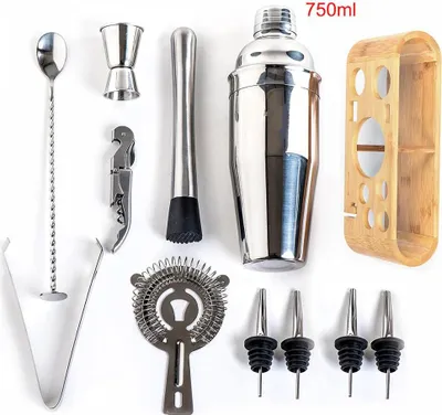 Image de pack de 13 shakers de cocktail en acier inoxydable de 750 ml Set de bar Shaker Set avec étagère en bois