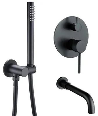 Produktbild von Badewannen Duschset - Wandmontierte Einhebelarmatur - Warm- und Kaltwasserregelung - Handbrause und Auslauf - Messingkörper - 26 cm Anschlussabstand - Gebürstet Schwarz