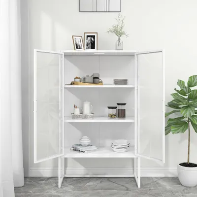 Productafbeelding van Vitrine "Jakobsweiler" van staal, met gehard glas in de kleur wit. Afmetingen (lengte/breedte/hoogte): 80x35x135 cm
