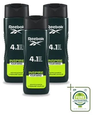 Immagine prodotto di 3 flaconi di gel doccia Reebok Inspire Your Mind, formato 4-in-1, da 400 ml ciascuno. Confezione da 3 pezzi