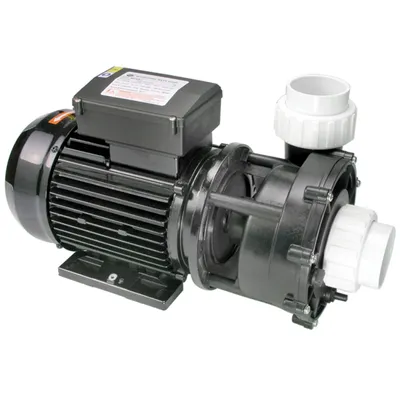 A black and gray electric pump with white pipe fittings against a white background.