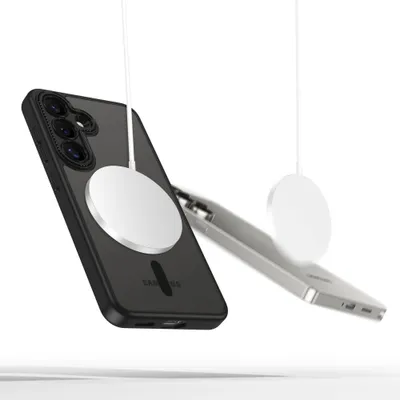 Two smartphones with magnetic chargers attached, floating against a white background.