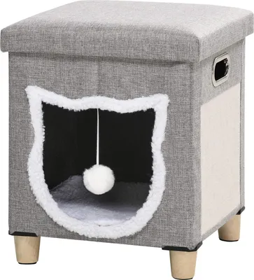 Produktbild von Katzenhöhle Ottomane Mit Kissen Und Kratzmatte, Spielball, Anti-Rutsch, In Grau, Polyester, Für Katzen