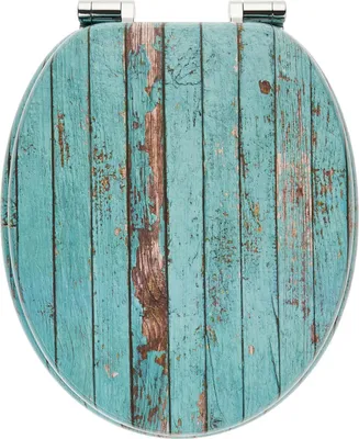 A top-down view of a toilet seat with a distressed wood pattern.