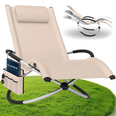 Image de ELONEO chaise longue à bascule Outdoor avec sac, chaise longue de relaxation jusqu'à 180kg, chaise à bascule Outdoor, chaise longue résistante aux intempéries, chaise longue solaire, crème
