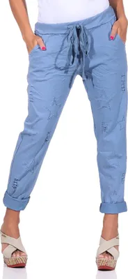 Produktbild von 350 Damen Hose Cargohose Sterne Sweatpants Jogginghose Baumwolle Freizeithose Boyfriend Baggy Haremshose zerrissene Hose outfit mit Gummibund jeansblau