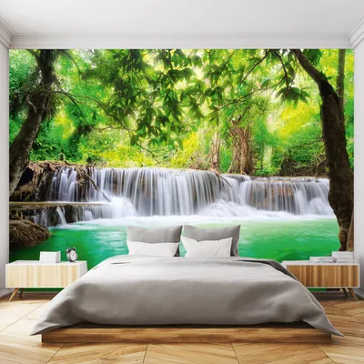 Produktbild von Fototapete Wasserfall 3D 366 x 254cm Wald Bambus Thailand Tapete Wohnzimmer Schlafzimmer Küche inklusive Kleister