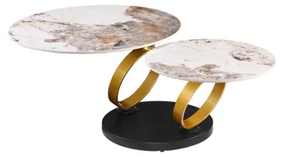 Produktbild von Couchtisch SOLYNE 135 cm in Weiß mit Marmoreffekt, goldenen Ringen und drehbaren Platten