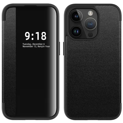 Immagine prodotto di Custodia per iPhone 15 Pro Max sottile in Finto cuoio con finestra di visualizzazione nera