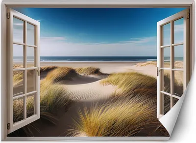 Immagine prodotto di Pittura murale media vista dalla finestra sul mare spiaggia paesaggio carta da parati per pareti 200x140 cm colore Beige tema Paesaggi