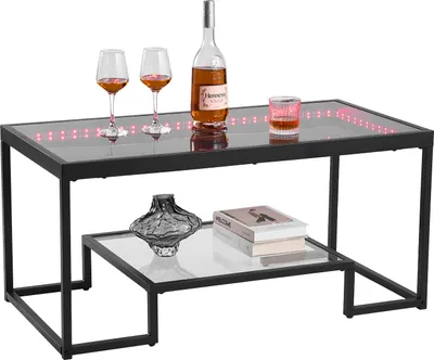 Produktbild von VEVOR Couchtisch Beistelltisch aus gehärtetem Glas mit Beleuchtung, rechteckiger Glastisch mit zwei Ebenen & offenem Stauraum, Kaffeetisch aus Metall für Wohnzimmer Büro 100 x 51 x 48 cm Schwarz