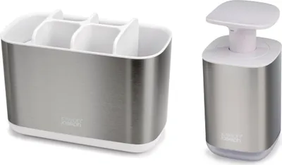 Produktbild von Joseph Joseph Bathroom Beauties Set de 2 Stück - Großer Zahnbürstenhalter de Zahnbürstenhalter und hygienischer Seifenspender de, Edelstahl, stilvoll und funktionell.
