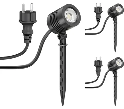 Imagen del producto de ledscom.de: 3 pequeños focos LED para jardín con estaca de tierra, modelo TARL, para uso exterior, IP65, con enchufe, color , 4,1 W, 351 lúmenes, luz blanca fría