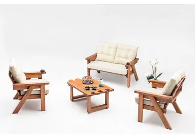 Image de Salon de jardin Ensemble détente en bois de pin et polyester crème et noyer avec canapé 3 places, 2 fauteuils et table basse