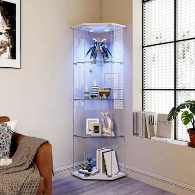 Obrázek produktu pro Skleněná vitrína s LED osvětlením, 4 skleněné police, uzamykatelná, rozměry 162 x 60 x 42,5 cm, bílá barva