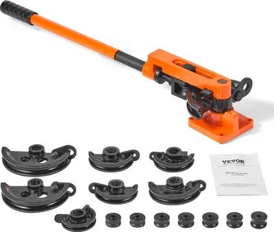 A pipe bender tool and its accessories are laid out on a white background.