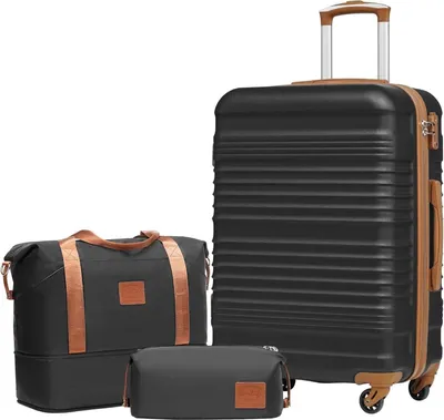 Image de COOLIFE Ensemble de valises ABS coque dure Valise de voyage 4 roulettes Serrure TSA Ensemble de valises moyennes 3pcs Noir Marron