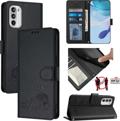 Produktbild von Leder Hülle für Motorola Moto G52 / G82 / G71s Süße Katze Flip Case Brieftasche Schutzhülle mit Standfunktion Schwarz