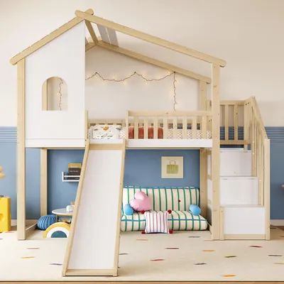 A child's loft bed with a slide and stairs, set up in a bedroom with colorful decor.