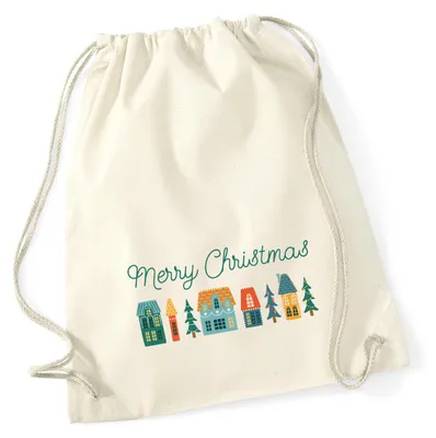 Produktbild von Huuraa Turnbeutel Merry Christmas Weihnachtsdorf 12 Liter Natural Baumwolle Rucksack Geschenkidee