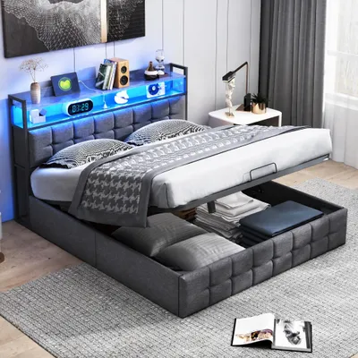 Imagen del producto de INONEFT, base de cama con somier, 140x190 cm, cama tapizada con espacio de almacenamiento hidráulico, cama doble con iluminación LED y puertos USB, color gris lino, sin colchón