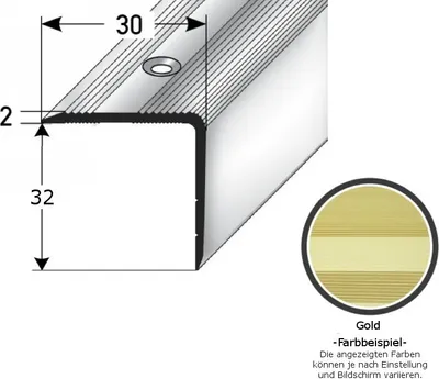 Produktbild von Treppenkante / Treppenprofil "Genua", Winkelprofil mit 30 mm Breite und konfigurierbarer Höhe (22 mm bis 52 mm), Aluminium eloxiert, gebohrt-goldfarbig-1000-32 mm