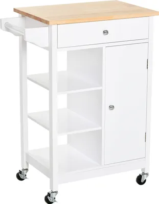 Produktbild von HOMCOM Küchenwagen, Hilfswagen mit Rollen, 1 Schublade, 1 Schrank, 3 offene Ablagen für Esszimmer, 66 x 39,5 x 86,5 cm, Weiß