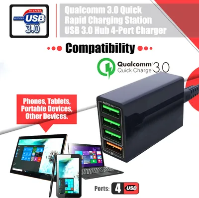 Image de Qc 3.0 Fast Charger Station Hub 5 V 4-usb Multi Ports 1.5 Meters Black