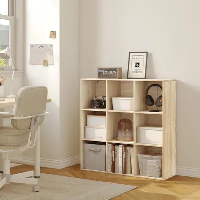 Produktbild von Bücherregal Würfel Aufbewahrungsmöbel - Weiß/Hell Eiche - 9 Würfel - E1 Holzmaterial - Platzsparend - Stabil - 94 x 93 x 29,5 cm
