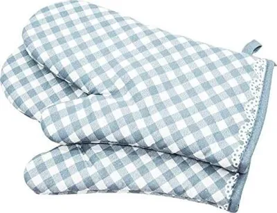 Produktbild von Ofenhandschuhe Rutschfeste Baumwolle Gesteppte Handschuh-Küche Topflappen Kochhandschuhe, Gitter-Stil (Blau)