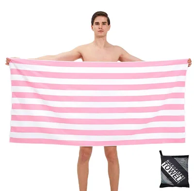 Produktbild von Strandtuch XXL 160x90cm Rosa Streifen Mikrofaser Schnelltrocknend Sandfrei mit Tasche