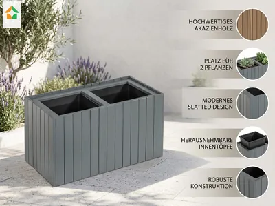 Zdjęcie produktu dla Donica z drewna akacjowego na 2 rośliny, ok. 57 x 30 x 35 cm – antracyt