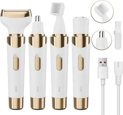 Obrázek produktu pro Elektrický 4v1 přístroj pro ženy – bezdrátové nůžky na vlasy – epilátor na obličej – vhodný pro nohy, tělo, obličej a podpaží – bílé zlato