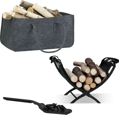 Produktbild von 3 tlg. Kamin-Set, Kaminholztasche, Kaminholzkorb, Kohlenschaufel, Filz, Stahl, Stoff, Henkel, faltbar, schwarz/anthrazit
