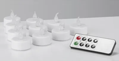Produktbild von 10 LED Teelichte weiß feuergelb Fernbedienung 4 u. 8h Timer Dimmer 2 Leuchtmodi