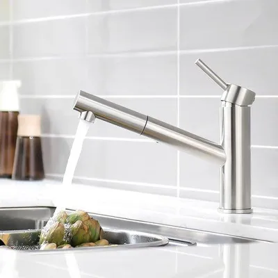 Produktbild von Druckwasserhahn für die Küche, Spülbeckenarmatur, ausziehbarer Küchenarmatur mit 38 cm Duschschlauch, 120° schwenkbar, einhebeliger Mischwasserhahn aus gebürstetem Edelstahl 304