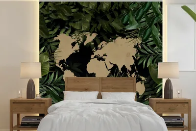 Produktbild von MuchoWow® Fototapete für Wohnzimmer oder Schlafzimmer Wandtapete Vinyl Motivtapete Weltkarte - Pflanzen - Blätter - 220x220 cm - Tapeten