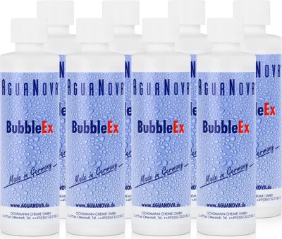 A product collage featuring multiple bottles of 'AGUA NOVA BubbleEx'.