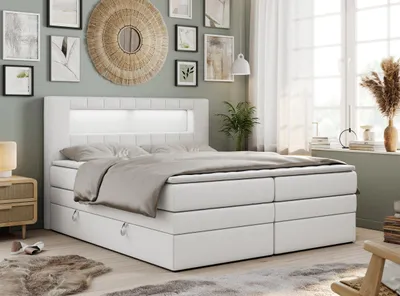 Produktbild von Boxspringbett mit LED Kopfteil und Topper - GOLD-5-KING - 140x200cm - Weiß - Hart (H4)