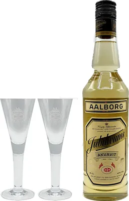 Produktbild von Aalborg Jubiläums Akvavit 0,7l 700ml (40% Vol) + 2er Set Stil Glas 2cl geeicht - [Enthält Sulfite]