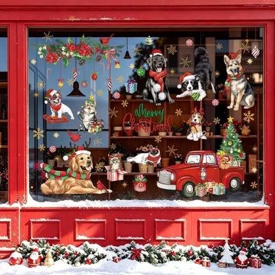 Immagine prodotto di Adesivi per finestre a tema natalizio, 9 pezzi, con immagini di cani e gatti, decorazioni invernali, in PVC, a doppio lato, riutilizzabili