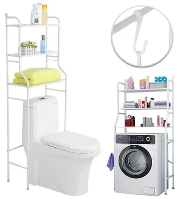 Image de Étagère de salle de bain à fixer au-dessus des toilettes - 3 niveaux - En métal - Étagère gain de place pour machine à laver - Avec crochets