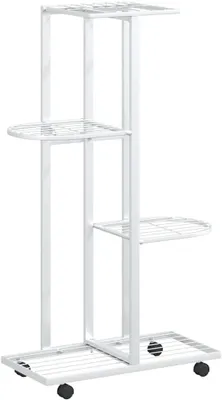 Productafbeelding van Bloemenstandaard met 4 niveaus, voorzien van wielen, wit gepoedercoat ijzer, 44x23x80 cm, weerbestendig buitenrek, balkonkast, flexibele plantentafel voor de tuin