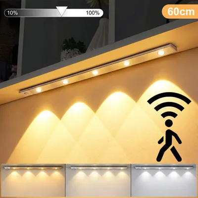 Image de Bandeau lumineux LED sous meuble de 60 cm, avec détecteur de mouvement, sans fil, rechargeable, 3 couleurs de lumière, variateur d'intensité, éclairage de placard avec capteur, couleur argent.