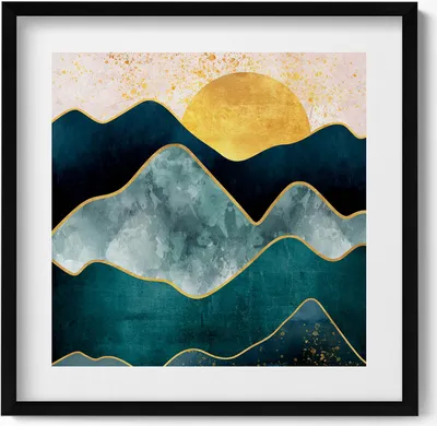 Produktbild von Abstrakte Landschaft mit Bergen und goldenem Sonnenschein– Wandbild mit Rahmen – Gerahmtes Bild  – Wanddekoration – 50x50 cm –  Schwarz Rahmen
