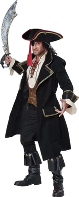 A man dressed in a pirate costume holding a sword.