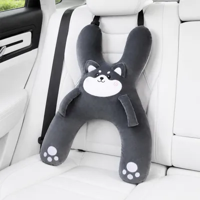 Image de Coussin de voyage pour enfants, en forme de H avec support pour les mains, oreiller universel pour la tête, couleur grise, idéal pour les voyages